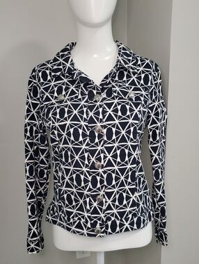 Christopher & Banks Navy and White Geometric Jean Jacket